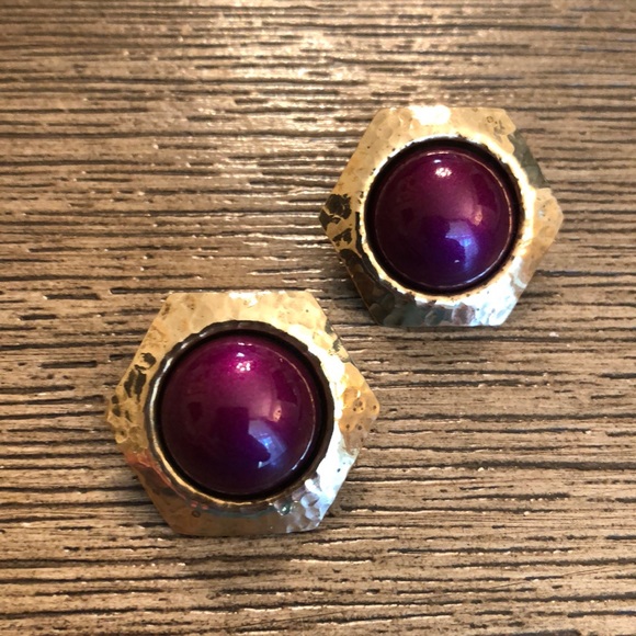 Vintage Hammered Brass Hexagon Earrings with Purple Center - Picture 3 of 14